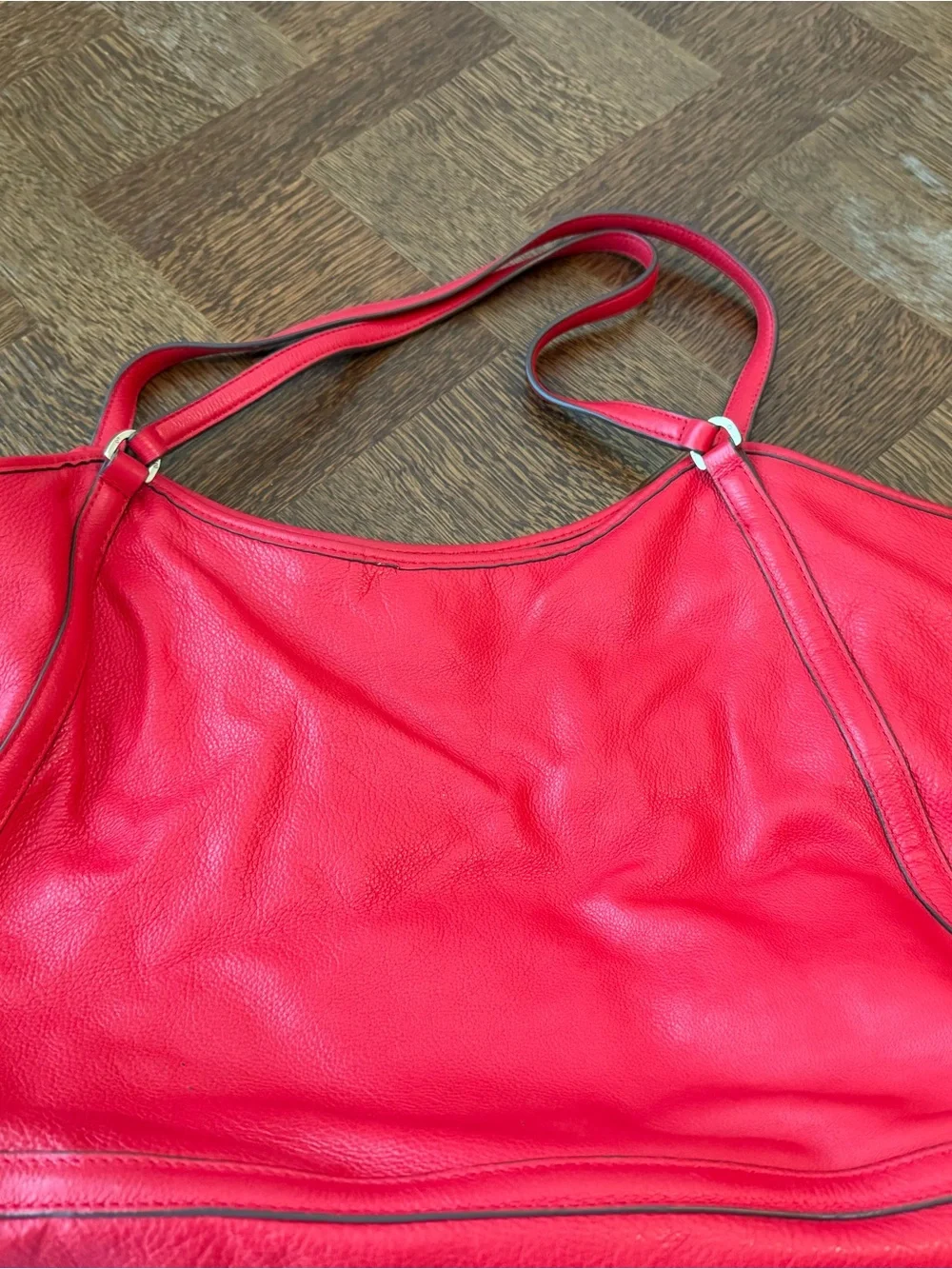 Tory Burch Bright Red Pebbled Leather Shoulder Bag with Logo Medallion